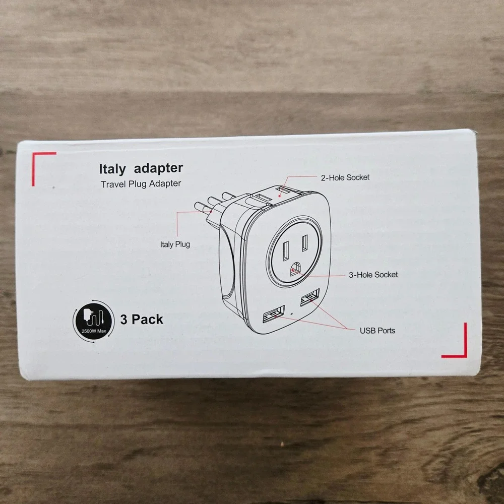 Italy Travel Adapter 3-Pack Plug Converter 2 USB Ports 2 Socket Power Outlet NEW